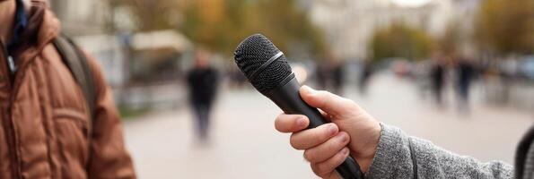 Journalist Conducts Street Interview With Microphone in Urban Setting During Daytime photo
