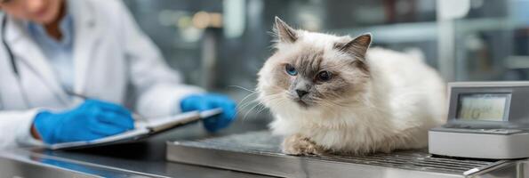 Cat Being Weighed at Veterinary Clinic With Vet Recording Data in Spacious Area During Routine Health Check-Up photo