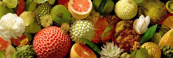 Vibrant Collage of Diverse Fruit Textures Showcasing Natures Beauty in Overlapping Patterns for a Magazine-Style Layout photo