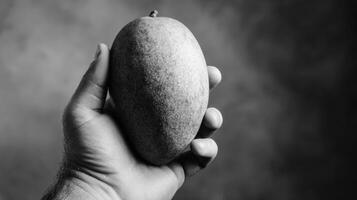 Hand Holds Ripe Mango Against a Monochrome Background Featuring a Textured Setting in a Kitchen or Studio Environment photo