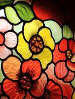 Close up of a Colorful Stained Glass Floral Design. photo