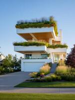 Modern House with Rooftop Gardens and Lush Landscaping. A stunning architectural design featuring tiered green roofs and vibrant plantings. photo