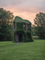 Modern organic architecture house covered in green ivy at sunset. photo