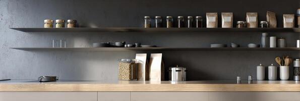 Modern Kitchen Showcasing a Well-Organized Shelf Filled With Assorted Cat Food and Kitchen Essentials in a Minimalist Design photo