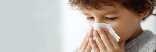 Child Blowing Nose Into Tissue in Bright and Minimal Background During Daytime Indoors photo