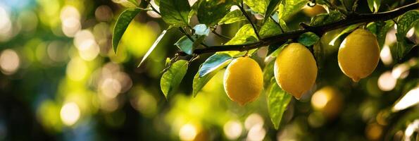 Lemon Tree Branch Displaying Ripe Lemons Against a Backlit Bokeh Background in a Lush Garden Setting photo