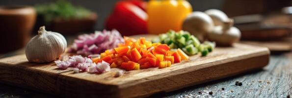 Chopped Vegetables on a Wooden Cutting Board With a Blurred Background in a Cozy Kitchen Setting photo