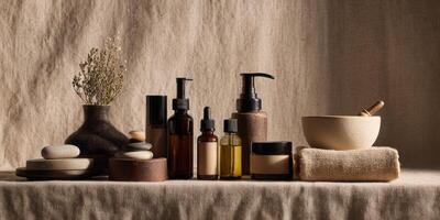 Display of Natural Skincare Products Arranged on Soft Linen With Decorative Stones and Dried Flowers for an Aesthetic Home Setting photo