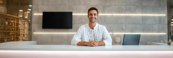 Smiling Veterinarian at Reception Desk in Modern Clinic With Digital Screen in Background and Bright, Welcoming Atmosphere photo