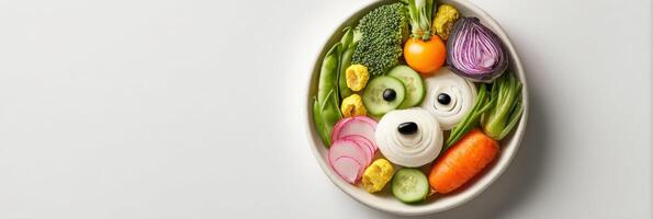 Creative Vegetable Arrangement Forming a Playful Dog Face in a Bowl of Fresh Produce photo