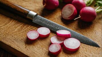 Sliced Radish on Wooden Surface With Knife Nearby Revealing Fresh Garnish Preparation photo