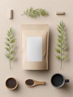 Minimalistic Pouch Mockup Featuring Coffee Beans and Decorative Elements on a Neutral Background for Product Presentation photo