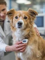 Veterinarian Places Microchip in Dogs Neck During Routine Check-Up at Clinic With Blurred Tech Tools in Background photo