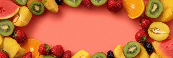 Creative Food-Themed Social Media Frame Made With Fresh Fruits Showcasing Colorful Fruit Corners on a Vibrant Background photo