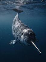 Narwhal Swimming Gracefully Underwater With Its Long Tusk Visible in a Serene Ocean Environment photo