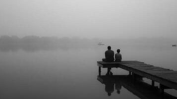 Father and Teen Share a Quiet Moment on a Foggy Dock by the Serene Lake During Dusk photo
