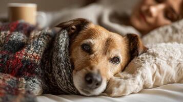 Caring Dog in Scarf Comforts Sick Owner Resting in Bed Surrounded by Warm Tones photo