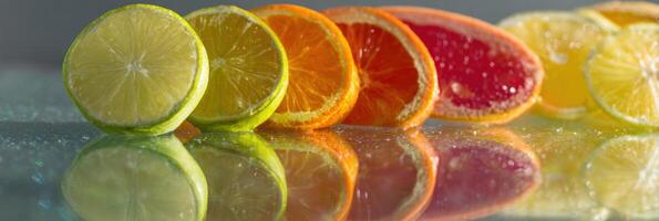 Bright Citrus Slices Create a Vibrant Display on a Glass Table With Light Reflections During Daytime photo