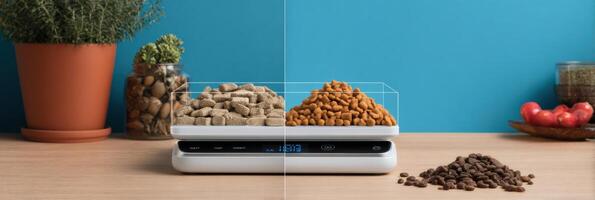 Pet Food Scale Displays Portioning With Clear Visual Overlay in a Neat Kitchen Setup photo