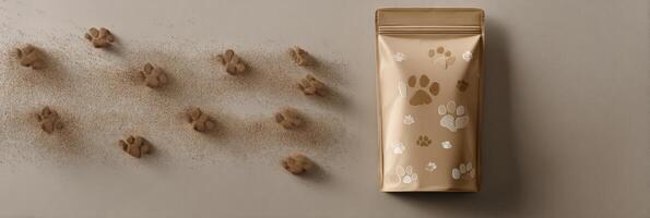 Stylized Pet Food Package Mockup Featuring Paw Prints and Space for Branding on Clear Background photo