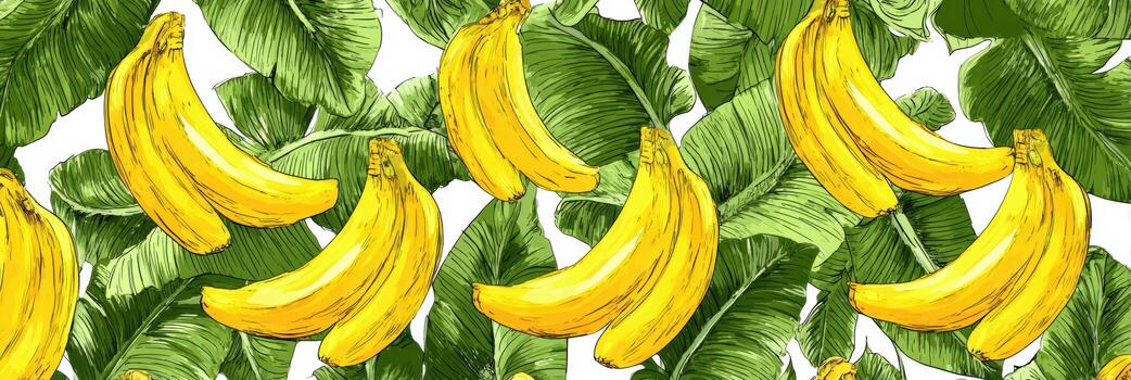 Bright Seamless Pattern Featuring Bananas and Lush Leaves, Design Emphasizes Tropical Vibes With Ample Upper Space for Customization photo