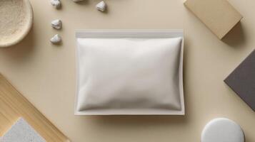 Minimalistic Packaging Pouch Mockup With Simple Props for Product Display on Neutral Background photo