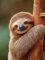 Sloth Embraces Tree Branch in Tranquil Rainforest, Showcasing Warm Tones and Serene Environment photo