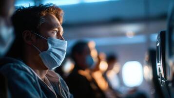 Passenger Wearing a Mask Coughs During a Flight With Blurred Background of Other Travelers in an Airplane photo
