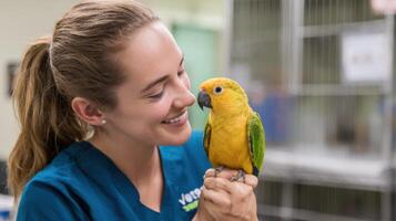 Vet Assistant Enjoys Playful Moment With Parrot in a Bright Animal Clinic Corner During a Cheerful Workday photo