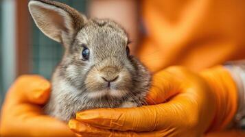 Vet Examines a Rabbit Using Soft Gloves in a Warm Clinic Atmosphere With Empty Space on the Right photo