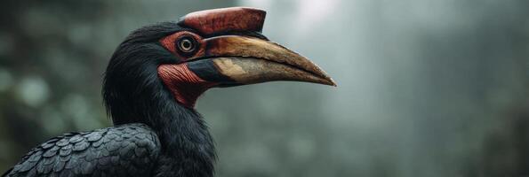 Helmeted Hornbill Captures Attention in Misty Rainforest With Striking Profile Amidst Lush Greenery photo