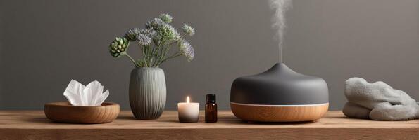 Relaxing Indoor Space Featuring an Aroma Diffuser, Essential Oils, and a Touch of Minimalism for a Calming Atmosphere photo