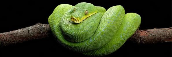Bright Green Tree Python Resting on a Branch Against a Dark Background Showcasing Its Vibrant Scales and Intricate Patterns photo