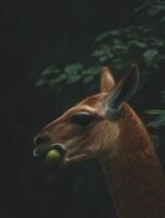 Paca Enjoys Fresh Fruit in a Dim Forest Surrounded by Shadows and Minimal Background Detail photo