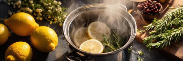 Preparing a Soothing Cold Remedy With Herbs and Citrus in an Open Kitchen Setting While Steam Gently Rises photo