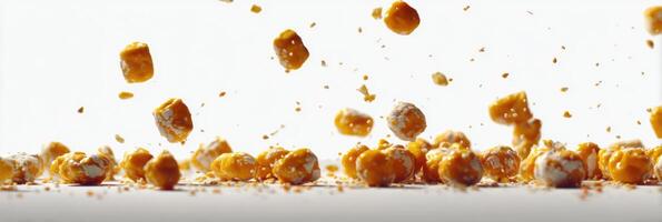 Treats Fall in Slow Motion Against a White Backdrop Capturing Dynamic Movement and Textures Unique to Snacks photo