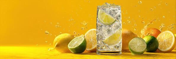 Refreshing Sparkling Lemon Soda Served in a Clear Glass With Citrus Fruits Splashing in the Background for a Vibrant Food Advertisement photo