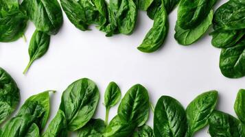 Fresh Spinach Leaves Scattered With Natural Elegance on a Pristine White Surface, Showcasing the Vibrant Green Colors and Textures photo