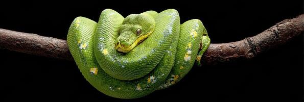 Bright Green Tree Python Coiled on Branch With Contrasting Black Background in a Serene Pose photo