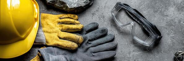 Safety Equipment Flat Lay Featuring Hard Hat, Gloves, and Goggles on Neutral Backdrop for Construction Activities photo