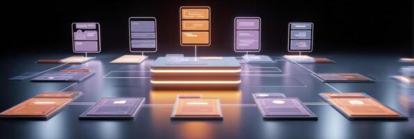Flowchart of Digital Communication Platforms Displayed Above a Table With a Futuristic Design and Open Upper Area photo