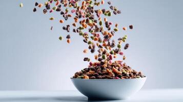Dry Food is Pouring Into a Bowl in Mid-Air, Showcasing Motion With a Light Background photo