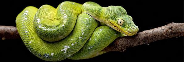 Bright Green Tree Python Gracefully Coiled on Branch Against a Black Background Creating a Striking Visual Contrast photo