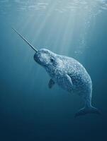 Narwhal Swimming Gracefully Underwater With Its Tusk Forward in a Serene Marine Environment photo