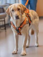 Dog Wearing a Harness Participates in Mobility Training After Surgery in a Rehabilitation Center photo