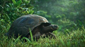 Galapagos Tortoise Moves Through Lush Grass Under Jungle Haze in a Tranquil Natural Setting photo