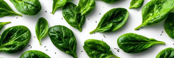 Fresh Spinach Leaves Scattered Artistically on a Clean Surface With Untouched Area Above photo