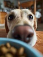 Close-up of Dogs Snout Reaching for Food Bowl With Blurred Background Showcasing Anticipation and Hunger During Mealtime photo