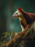 Tree Kangaroo Perched on a Mossy Trunk in a Lush Forest Showcasing Cool Tones and Serene Ambiance With Ample Space for Text photo