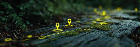 Glowing Hiking Trail With Map Pin Icons Illuminating a Natural Path in a Dense Forest During Twilight photo